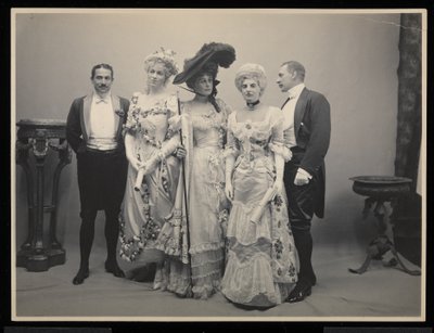 Group Portrait of Mr. Barton Willing, Miss Alice Blight, Miss Eleanor Jay (Mrs. Arthur Iselin), Miss Therese Iselin and Another Man at the James Hazen Hyde Ball, New York, January 31, 1905 by Byron Company